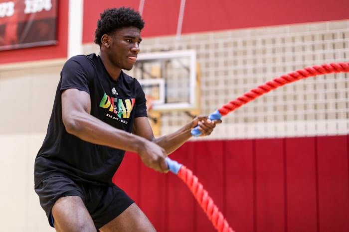 Kaleb Banks goes through offseason workouts at Cook Hall in Bloomington, Ind.